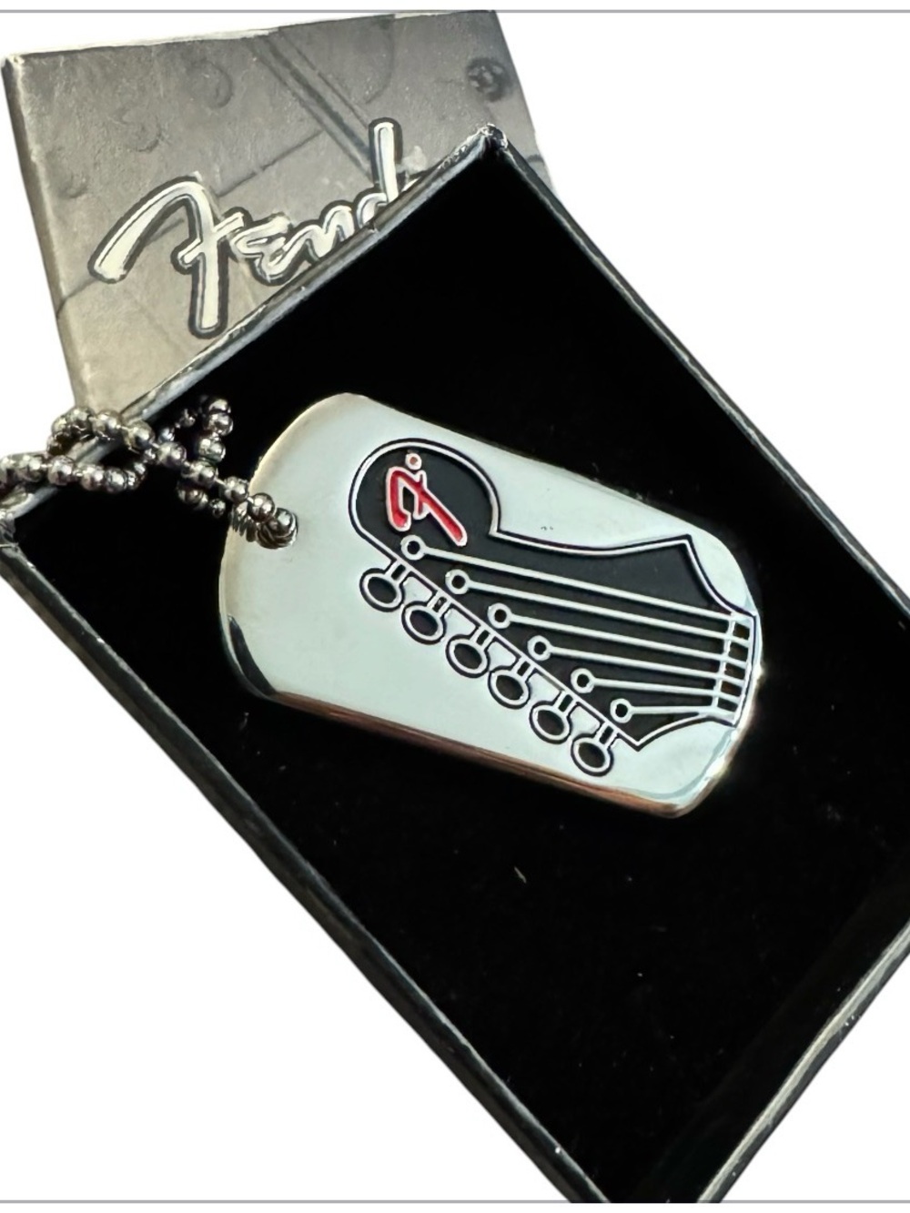 Fender Guitar Dog Tag Necklace Reversible Logo & Headstock Pendant Ball Chain